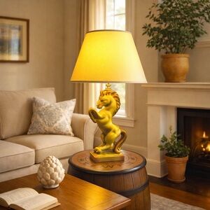 VTG 1950’s Green Brown Gonder Pottery Rearing HORSE Table Lamp & Shade